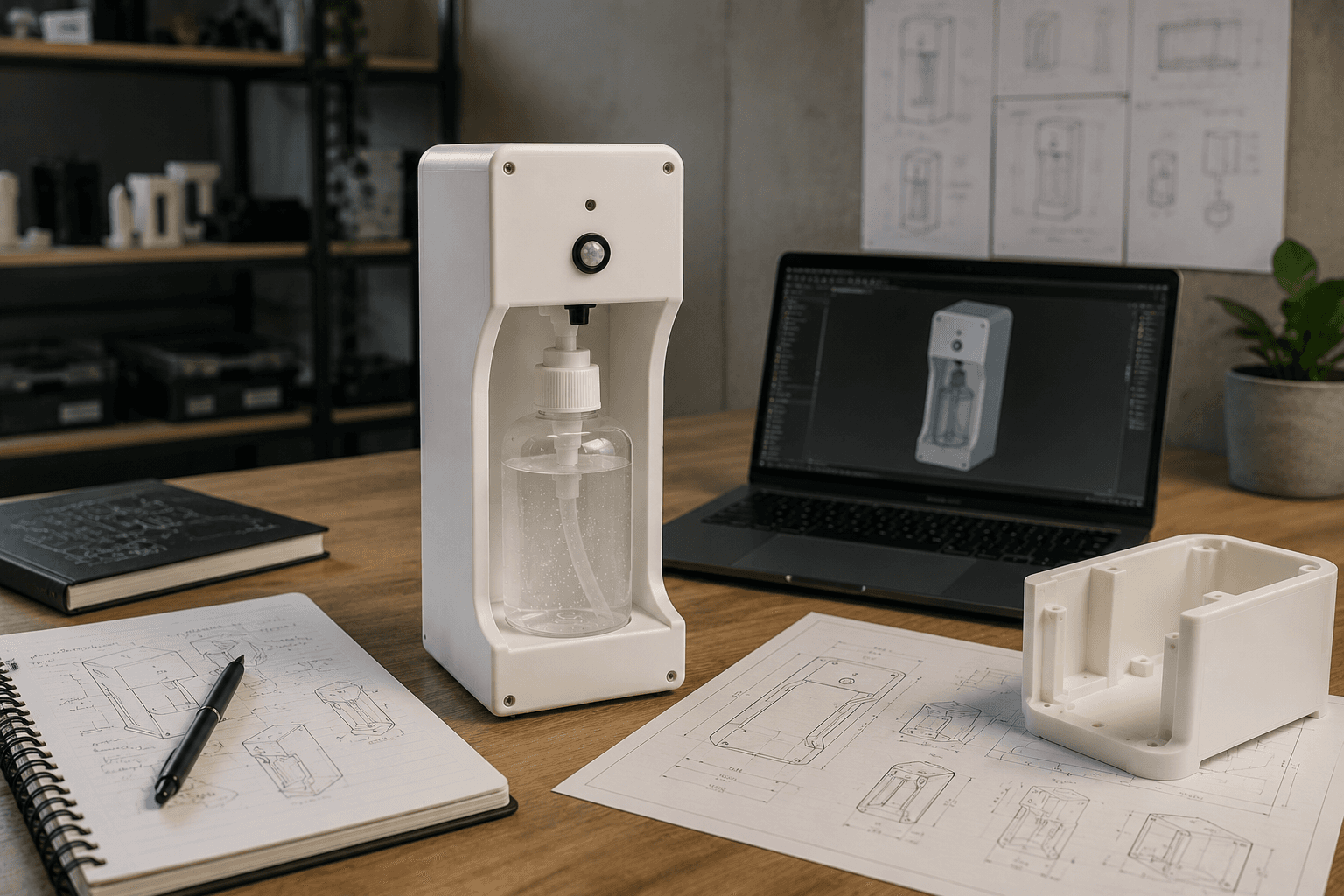 Dispenser automático de álcool em gel sobre a mesa, com o modelo CAD e o desenho técnico ao fundo