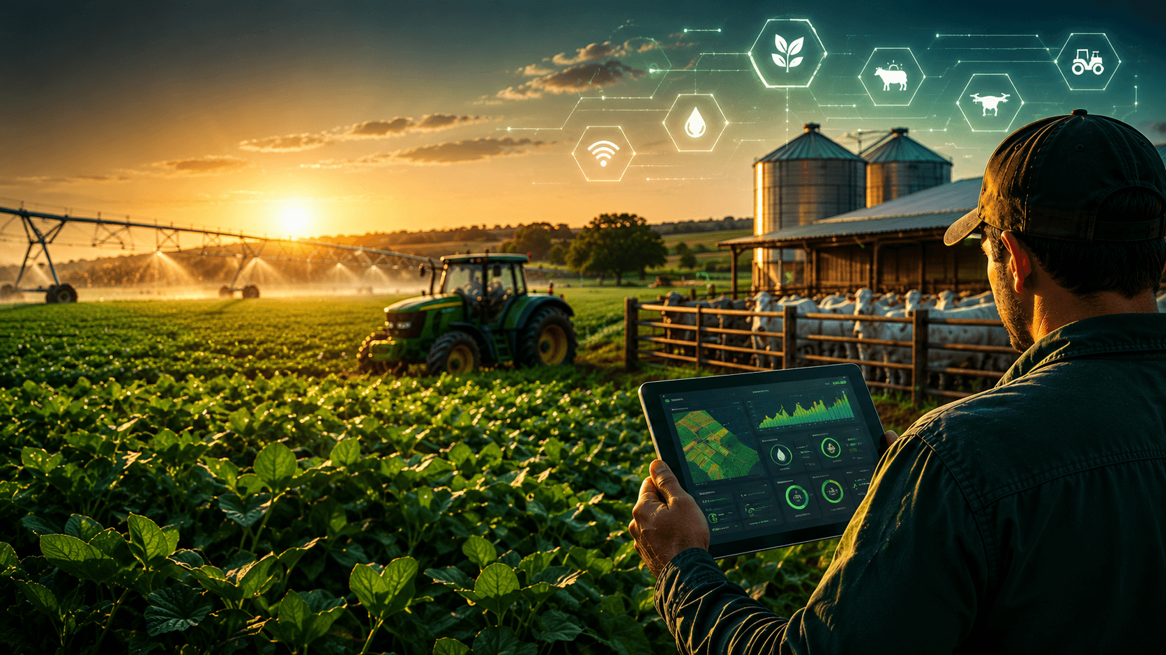Produtor rural acompanhando dados de solo, clima e rebanho em tablet, com trator e curral ao fundo